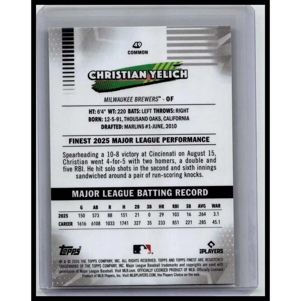 2026 Topps Finest Baseball #49 Christian Yelich, Milwaukee Brewers Green/99